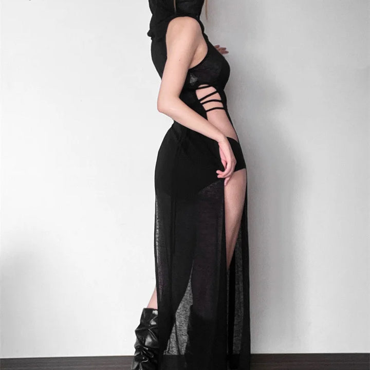 nibber 2024 Summer High Street Travel Cool Confident Black Mysterious Sexy Open Avant-garde Sexy Hot Cool Women's Hooded Dress