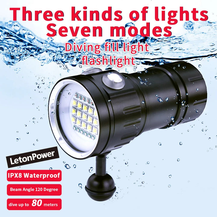 Professional Underwater 27 LED Photography Light Highlight Lamp 20000Lumens Diving Flashlight 100M Waterproof Video Camera torch