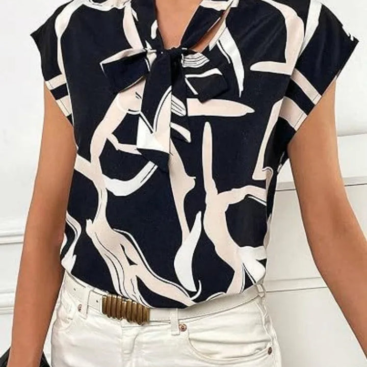 Women Summer Style Blouses Shirts Lady Casual Short Sleeve Bow Tie Collar Printed Blouse Tops