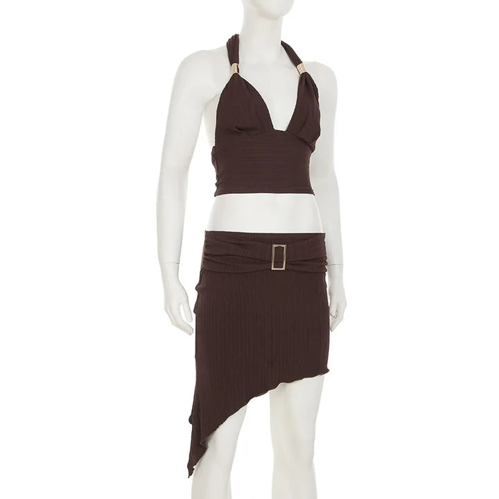 Purple Skirts Two Piece Sets Summer Holidays Party Outfits 2025 New Sexy Halter V-neck Tops and Irregular Mini Skirts Suits