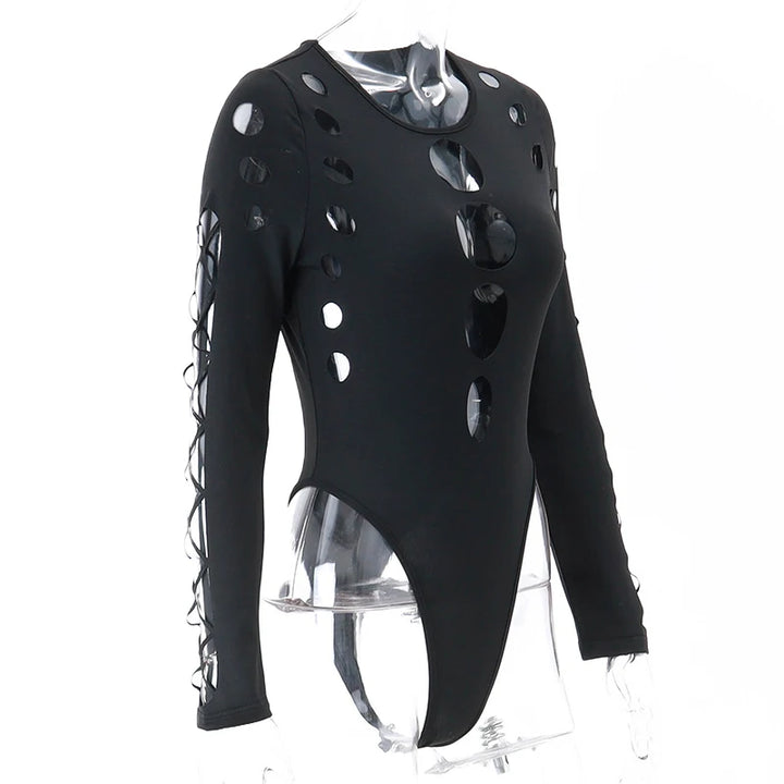 Candyhot Sexy Dot Hollow Out Bodysuit Y2K Gothic Punk Long Sleeves Bodycon T-shirt Women Autumn Streetwear Slim Bodice Bodysuits