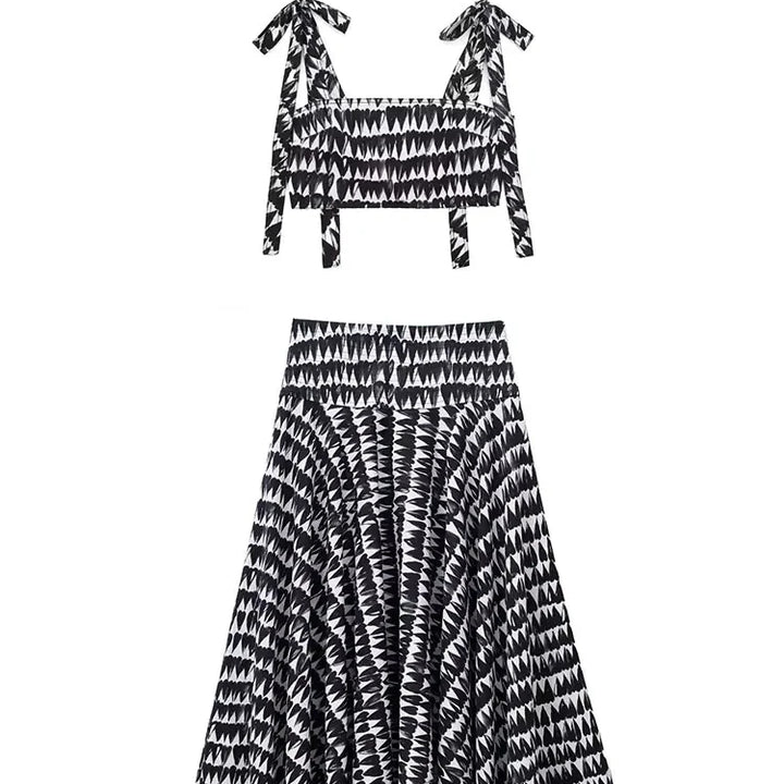 TRAFZA Women Fashion Print Sets Sexy Backless Sleeveless Slim Corset Lace Up Crop Top Female Elegant A-line Pleated Midi Skirts