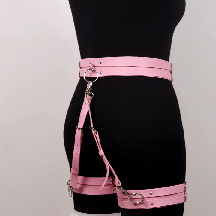 Pink Gothic Handmade PU Leather Harness Belts Fashion Faux Leather Cage Leg Waist Belt Body Strap Waist Belt Cincher Harajuku