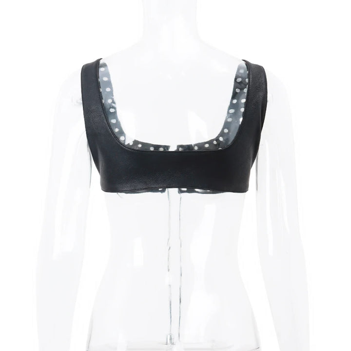 WhereMery Gothic PU Leather Bandage Tank Top Y2K Sexy Multi Rivet Backless Crop Tops 2024 Summer Punk Rock Evening Club Camisole