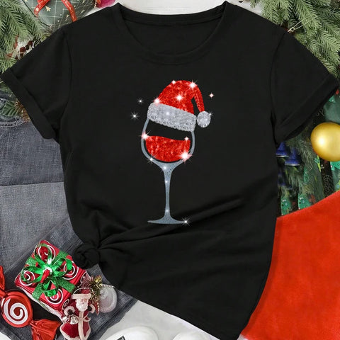 New Fashion Christmas Wine Glass Print Graphic T Shirt Women Casual Short Sleeve Shirt Tee Merry Christmas T Shirts Female