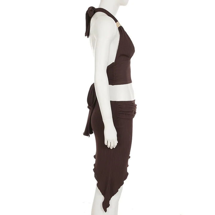 Purple Skirts Two Piece Sets Summer Holidays Party Outfits 2025 New Sexy Halter V-neck Tops and Irregular Mini Skirts Suits