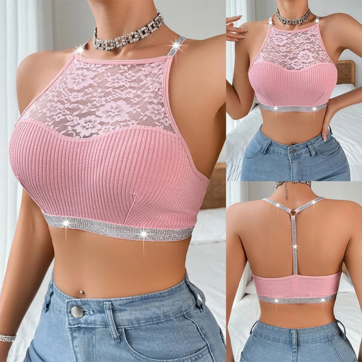 Lace Stitching Halter Neck Vest For Women Silver Ribbon Backless Underwear Outer Wear Slim Sexy Versatile Comfortable