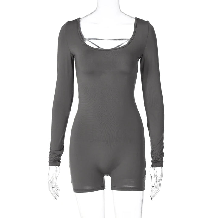 Hugcitar Long Sleeves Backless Solid Lace Up Sexy Slim Skinny Playsuit 2024 Fall Women Fashion Y2K Streetwear Party Club Rompe