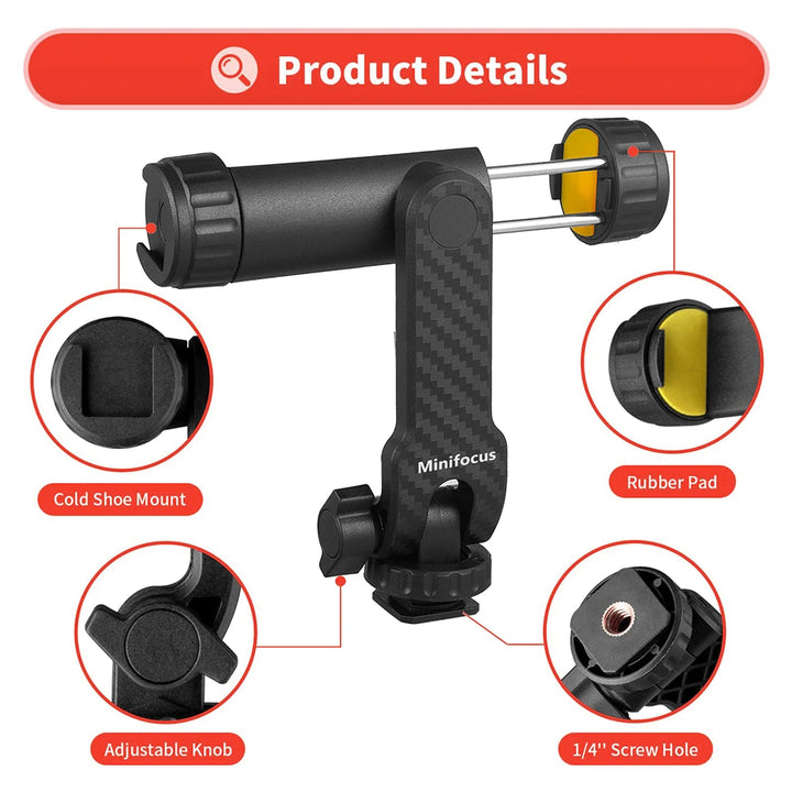 Camera Hot Shoe Phone Holder Mount Clamp Clip w 2 Cold Shoe 1/4'' Tripod Adapter Stand Mic Fill Light for Smartphone TikTok Vlog