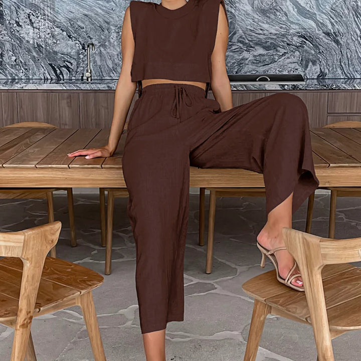 Spring Summer 2025 Women Holiday Linen Pant Set Crop Tops Solid Outfits 2 Two Piece Matching Set For Women