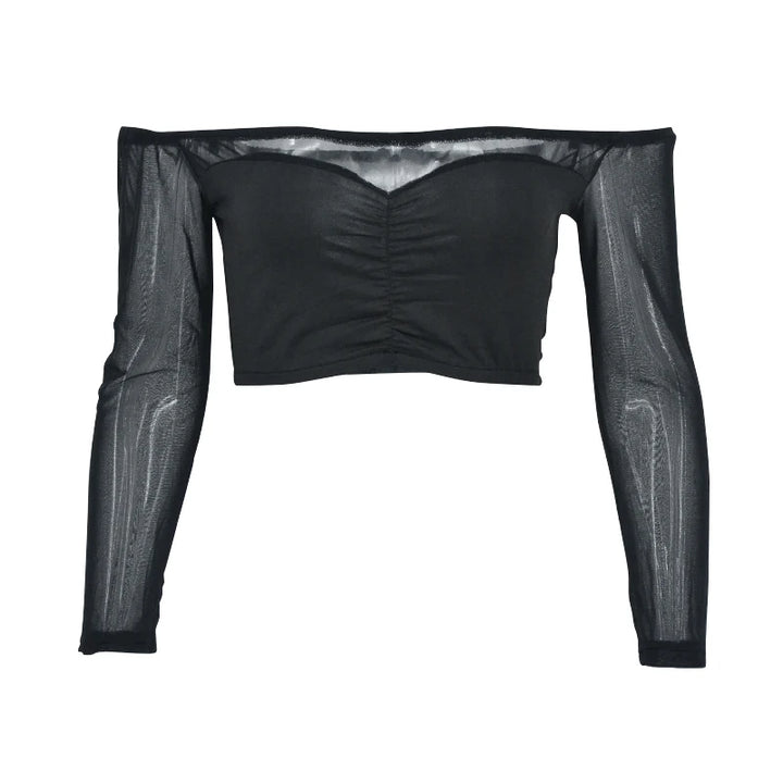Sexy Black T-shirt Women Autumn New Streetwear Long Sleeves Slash Neck Simple Tees Casual Fashion Mesh Patchwork Basic Crop Top