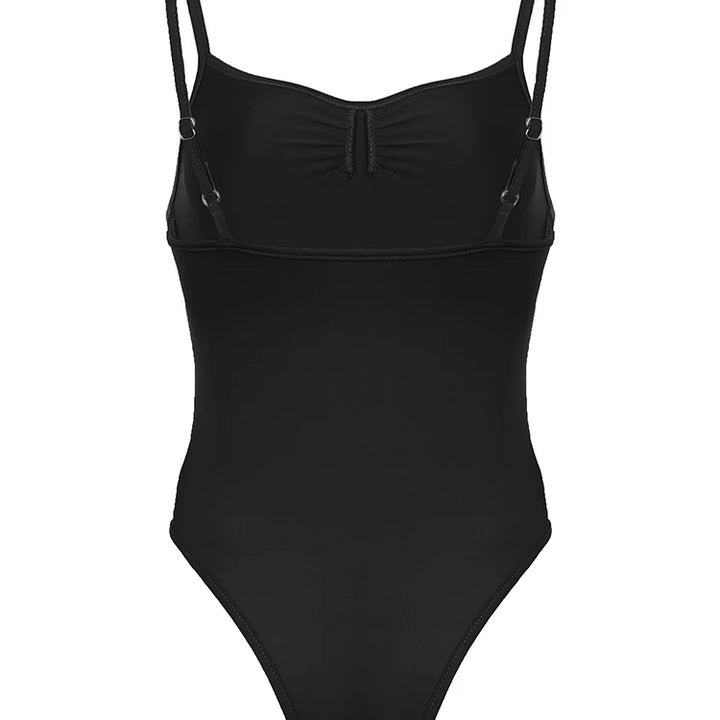 Sweetown Sleeveless Skinny Shirring Skinny Sexy Spaghetti Strap Bodysuit For Women Black Solid Simple Basic Vacation Camisole