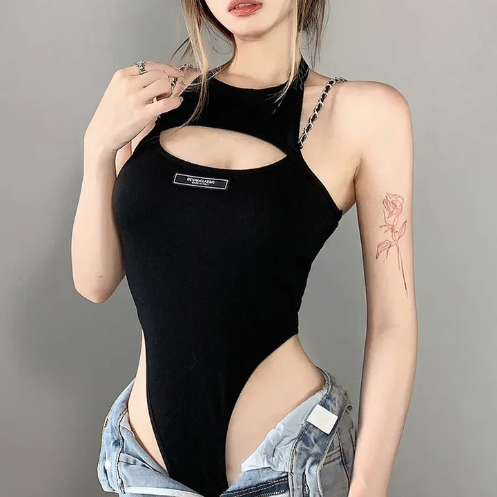 Hollow Out Sexy Bodysuit Lingerie Black Off Shoulder Bustier Hanging Neck Body Feminino Sleeveless Fashion Trends Women Clothing