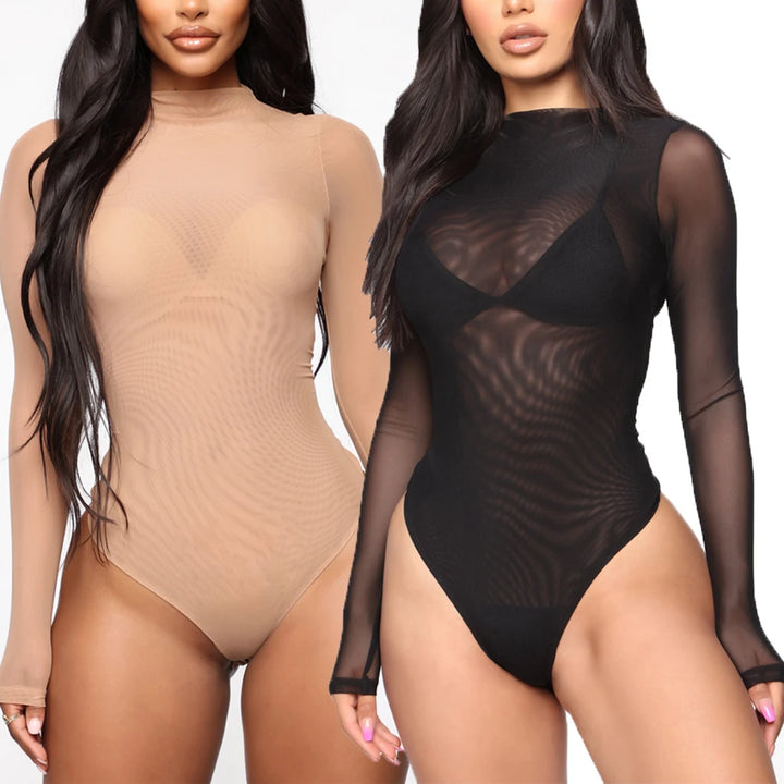 Bodysuits High Neck Bodycon Jumpsuit See Through Romper Black Beige NEW Sexy Mesh See Through Bodysuit Women Long Sleeve Sheer