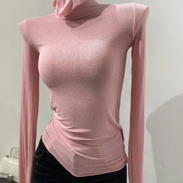 Thin Soft American Long Sleeve T-shirt High Stacked Neck Tight Perspective Bottom Shirt Women's Slim Fit Tops Sexy Streetwear