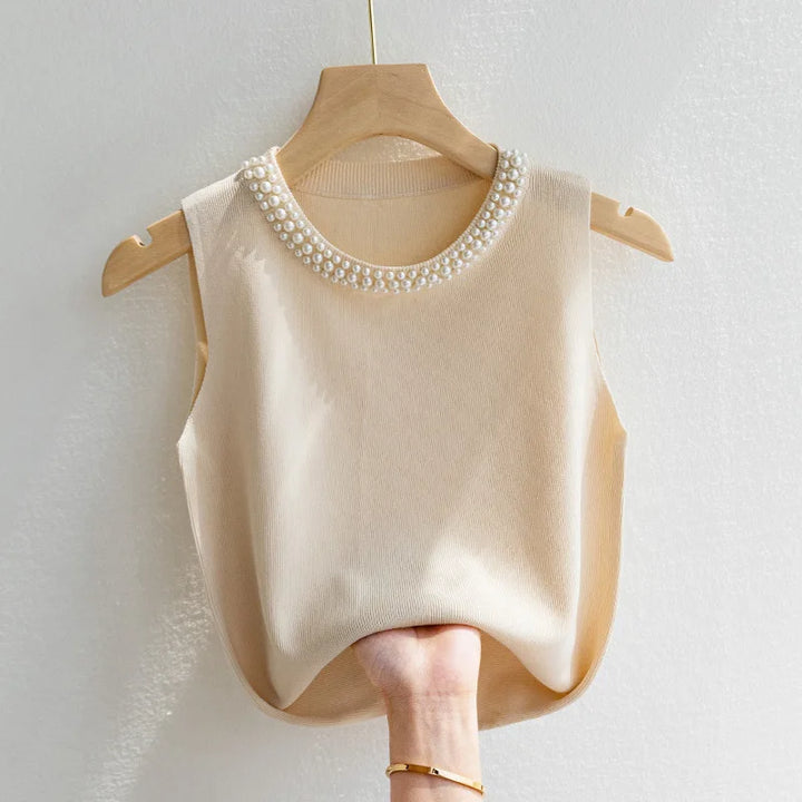 Knitted Vests Women Korean Top Solid Tank Blusas Mujer De Moda Summer New Fashion Female Sleeveless Beading Casunal Thin Tops