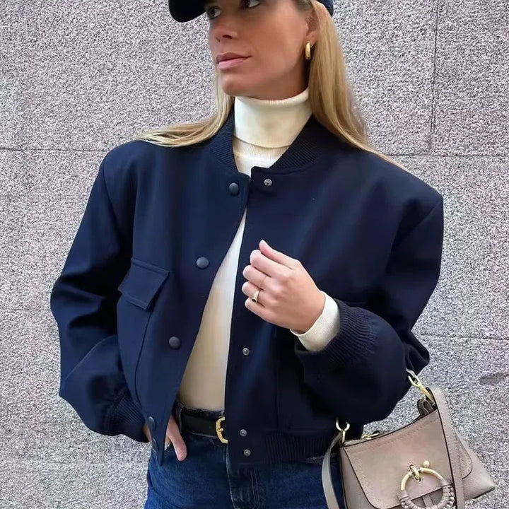 TRZA Women Fashion With Pockets Bomber Jacket Coats Vintage Long Sleeve Front Button Casual Female Outerwear Chic Tops