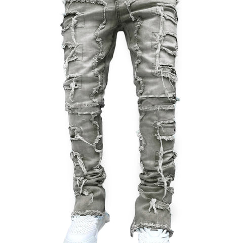 Men Skinny Pants Vintage Patch Frayed Denim Pants Spring Fall Casual Leggings Trousers with Pockets