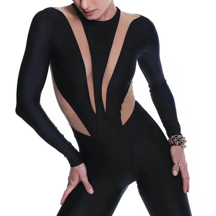 Huhugirl Sexy Mesh Patchwork Rompers Women Jumpsuits Fashion O Neck Long Sleeve Skinny Black Jumpsuits Female One Piece Overalls