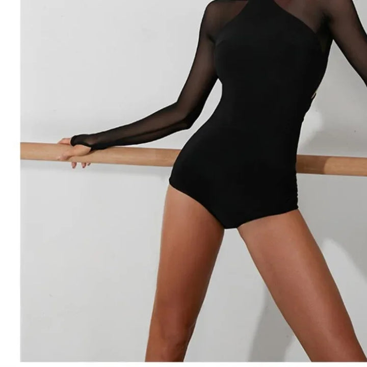 Women Latin Dance Body Top Black Mesh Conjoined Backless Cross Belt Pair It with Dance Dress Lingerie Training Performance