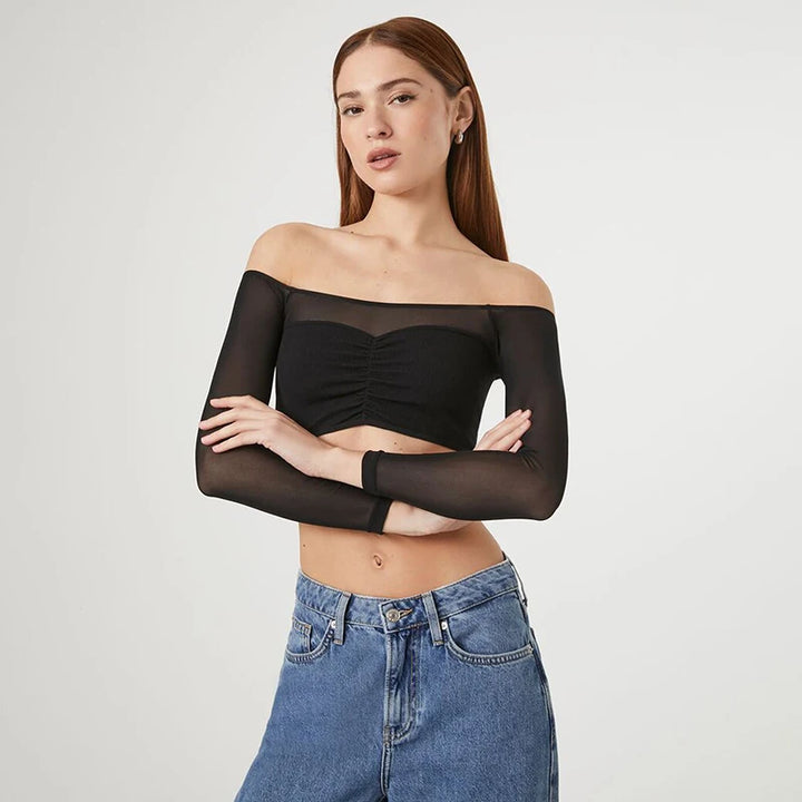 Sexy Black T-shirt Women Autumn New Streetwear Long Sleeves Slash Neck Simple Tees Casual Fashion Mesh Patchwork Basic Crop Top