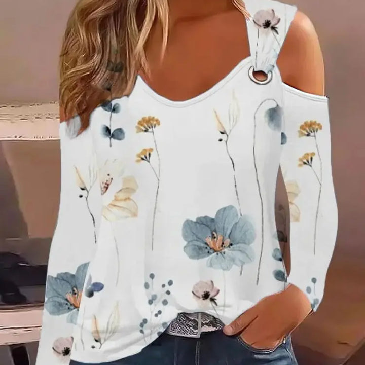 Fashion Woman Blouse 2023 Spring Denim Look Print Cold Shoulder Eyelet Casual Long Sleeve Daily T-Shirt Top Y2K Clothes