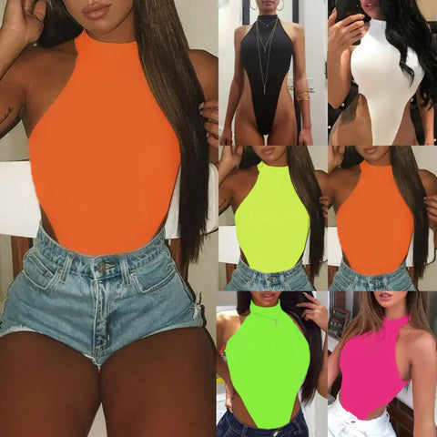 Female Solid Sleeveless Bodysuits Sexy Women Halter Bodysuits High Cut Bodycon Leotard Tops Summer Fashion Bottomed Tops