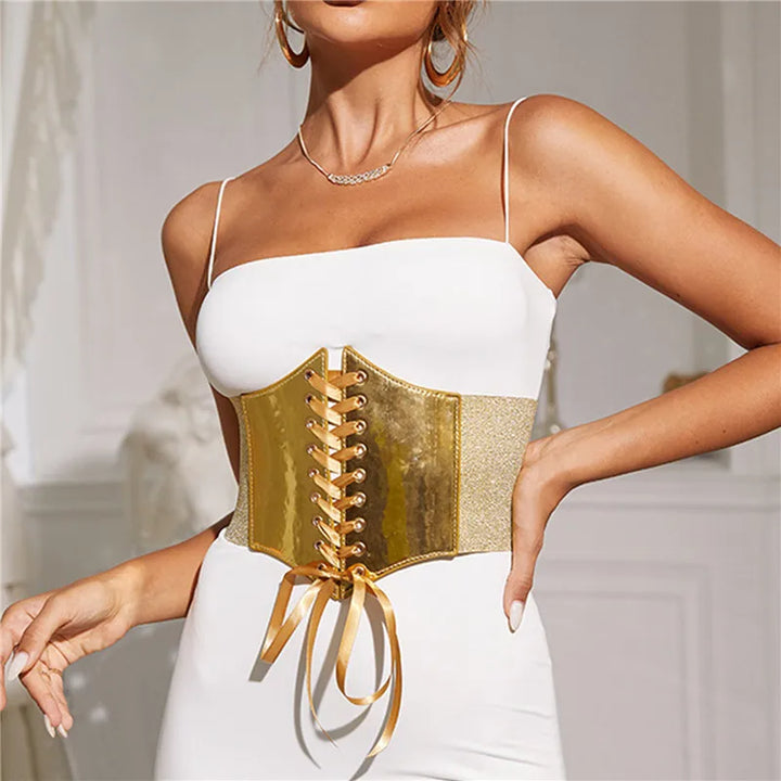 Goth Gothic Clothing Underbust Corset Women Belts Elastic Wide Bright Leather Golden Corsets For Waist Trainer