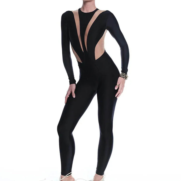 Huhugirl Sexy Mesh Patchwork Rompers Women Jumpsuits Fashion O Neck Long Sleeve Skinny Black Jumpsuits Female One Piece Overalls