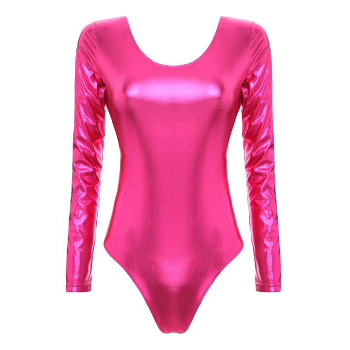 Women's Bodysuit for Adult Shiny Patent Leather Gymnastics Leotard Jumpsuit Long Sleeves Bodyuit Dancewear Rave Party Clubwear