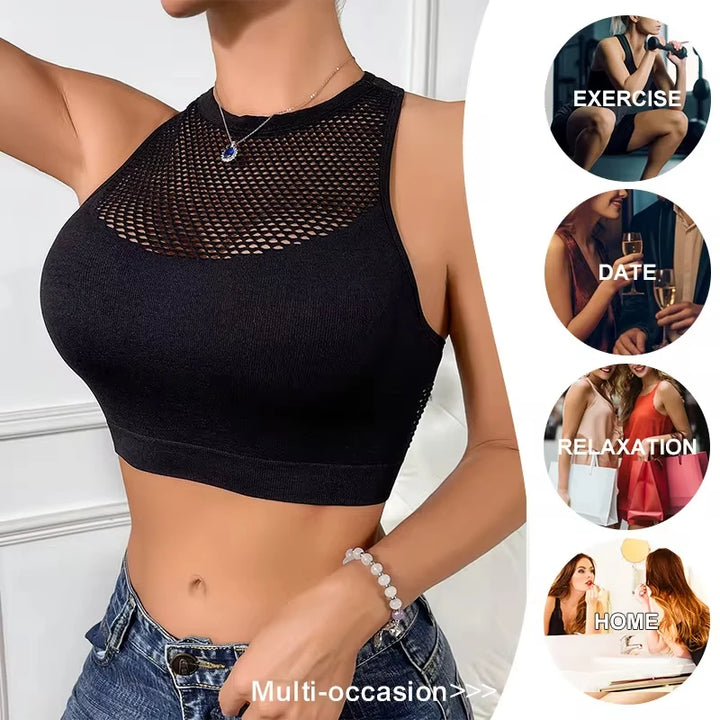 Sexy Tank Tops Women  Fishnet Hollow Out Sports Off Shoulder Crop Top Female Outwear Stretch Comfortable Casual Tanks Chic Vest