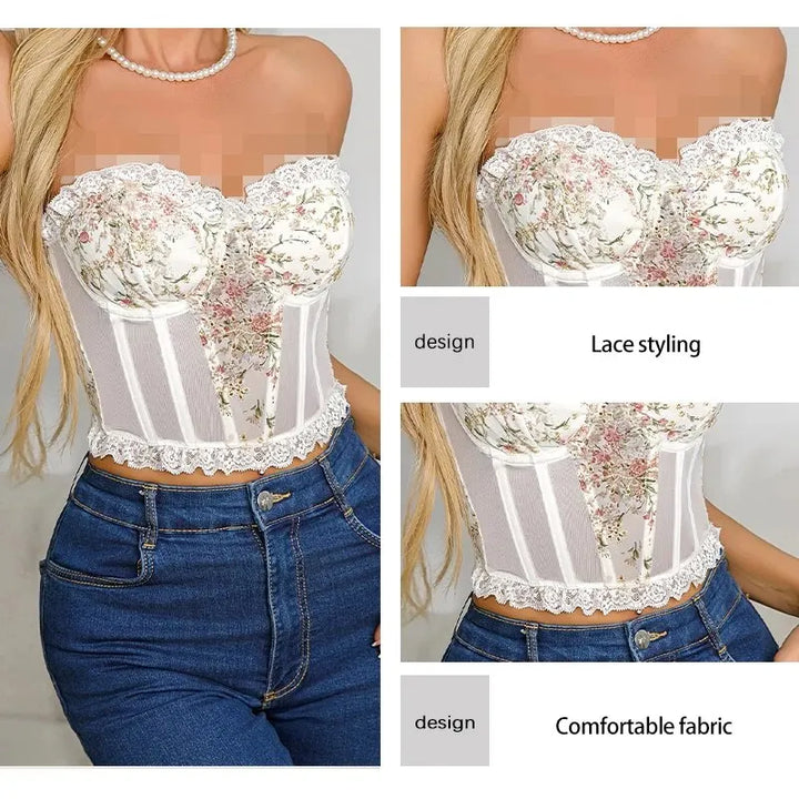 Women's White Sexy Lace Mesh Fish Bone Chest Flower Embroidered Bra Women's Strapless Lace Top Wrapped Chest