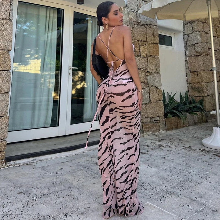 DGLUKE Zebra Long Beach Dress Cover-Up Sexy Transparent Mesh Maxi Dress Cut Out Bodycon Summer Holiday Vacation Dress Women 2024