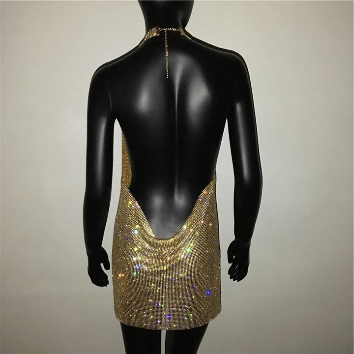 Bling Rhinestone Backless Dress Sexy Deep V Neck Sleeveless Side Split Halter Dress Nightclub Party Evening Dresses