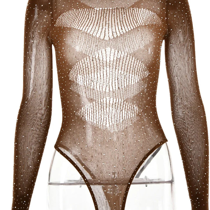 Fantoye Sexy Mesh Transparent Long Sleeve Skinny High Stretch Hollow Out Solid Thin Female Bodysuit Club Wear New Hot