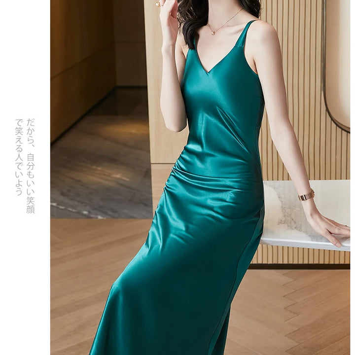 #4938 Sleeveless Spaghetti Straps Midi Satin Dress Women Solid Color V-neck Sexy A-line Party Dresses Women Evening Summer 2024