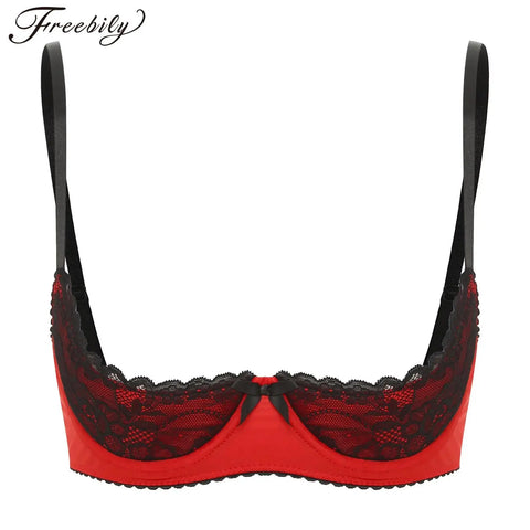 Womens Sexy Contrast Lingerie Half Cup Lace Push Up Balconette Bra Tops Adjustable Spaghetti Straps Underwire Bralette Underwear