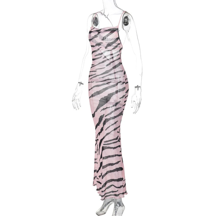 DGLUKE Zebra Long Beach Dress Cover-Up Sexy Transparent Mesh Maxi Dress Cut Out Bodycon Summer Holiday Vacation Dress Women 2024
