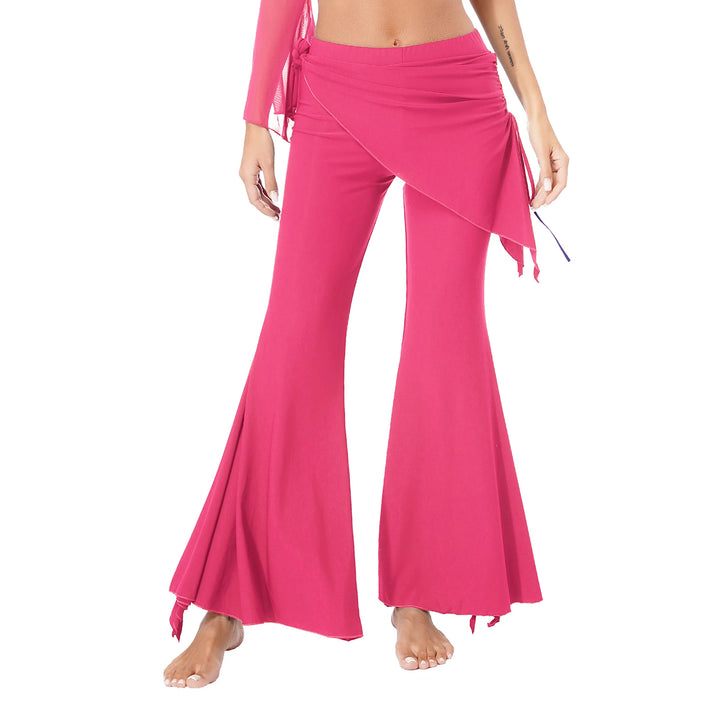 Womens Split Flared Belly Dance Pants Halloween Carnival Costume Solid Color Pants Lace-Up Skirted Pants