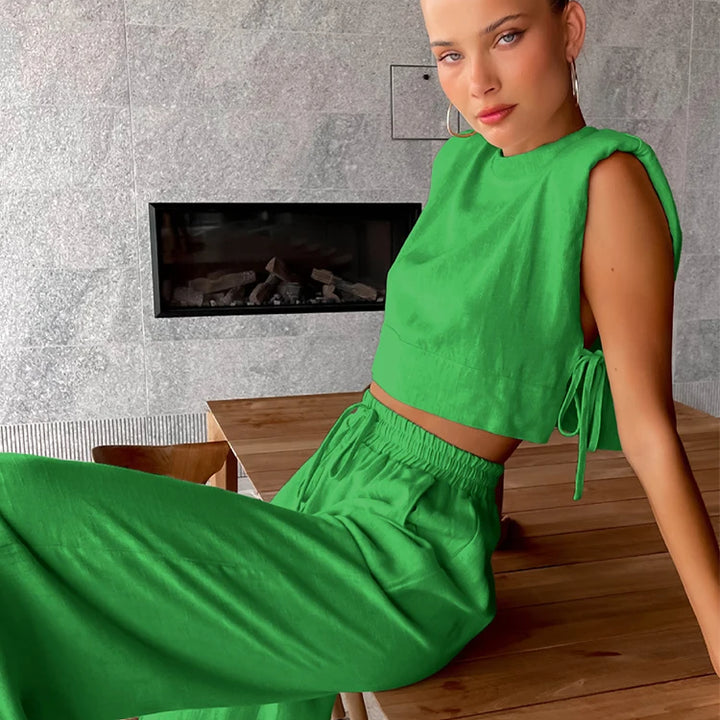 Spring Summer 2025 Women Holiday Linen Pant Set Crop Tops Solid Outfits 2 Two Piece Matching Set For Women
