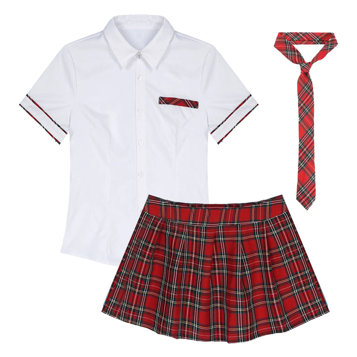 Women School Girls Uniform Set Cosplay Costume Tie Top Shirt with Plaid Skirt Cheerleader Uniform Cheerleading Costume