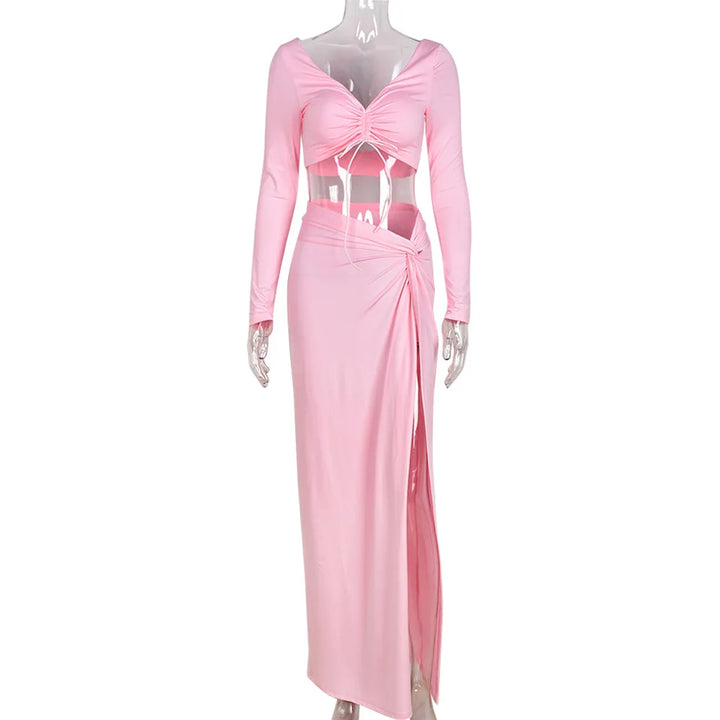 Cryptographic Autumn Fashion Outfits Top and Skirt Set Women Drawstring Ruched Long Sleeve Two Piece Set Bodycon Skirts Split