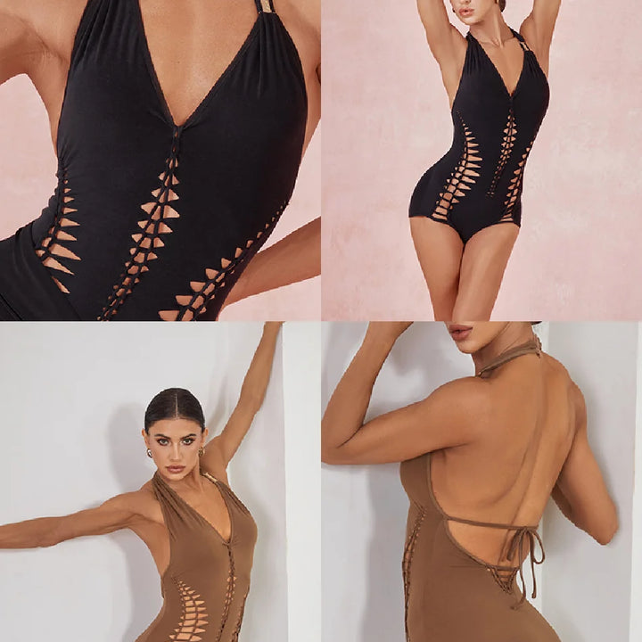 Hollow Sleeveless Bare Back Bodysuit Latin dance Dress Female Latino dancing Cloth Belly Tango Performance Costume NY60 2436