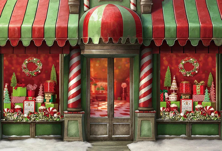 Mehofond Red Candy Shop Xmas House Photography Backdrop Snow Christmas Trees for Family Birthday Party Background Photo Studio