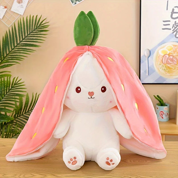 Bunny Stuffed Animal,Reversible Carrot Strawberry Bunny Plush Doll With Zipper Cute Soft Rabbit Toys Pillow Decoration