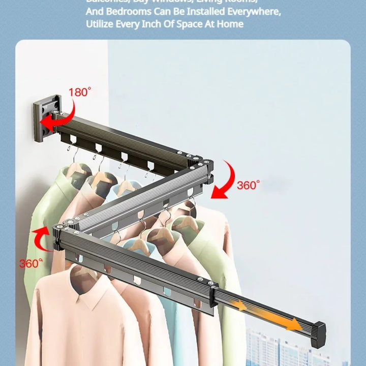 Wall Mounted Clothes Hanger 360 Degree Rotating Household Shelves Portable Balcony Telescopic Pole Stable Folding Cloth Racks