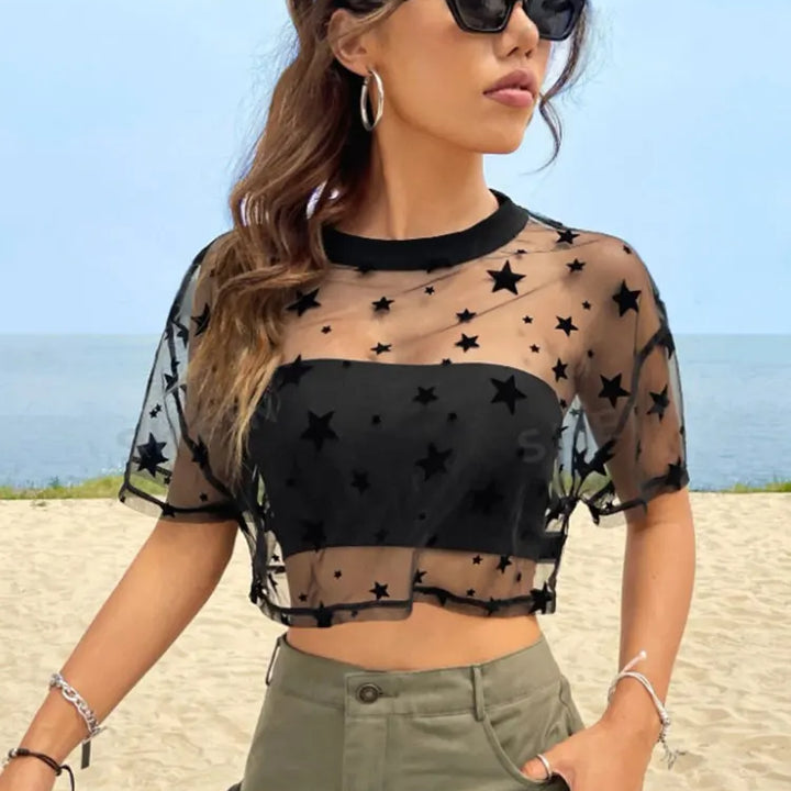 Summer Outfits Star Print Drop Shoulder Crop Mesh Top Without Camisole