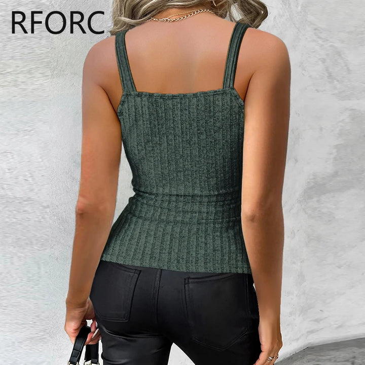 2024 Women Chic Thick Straps Metal Decor Deep V Neck Sleeveless Knitting Sexy Camis Crop Tops