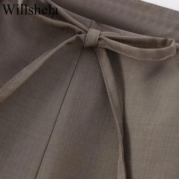 Willshela Women Fashion Two Piece Set Brown Pleated Halter Neck Tops & Straight Pants Vintage Female Chic Lady Pants Suit
