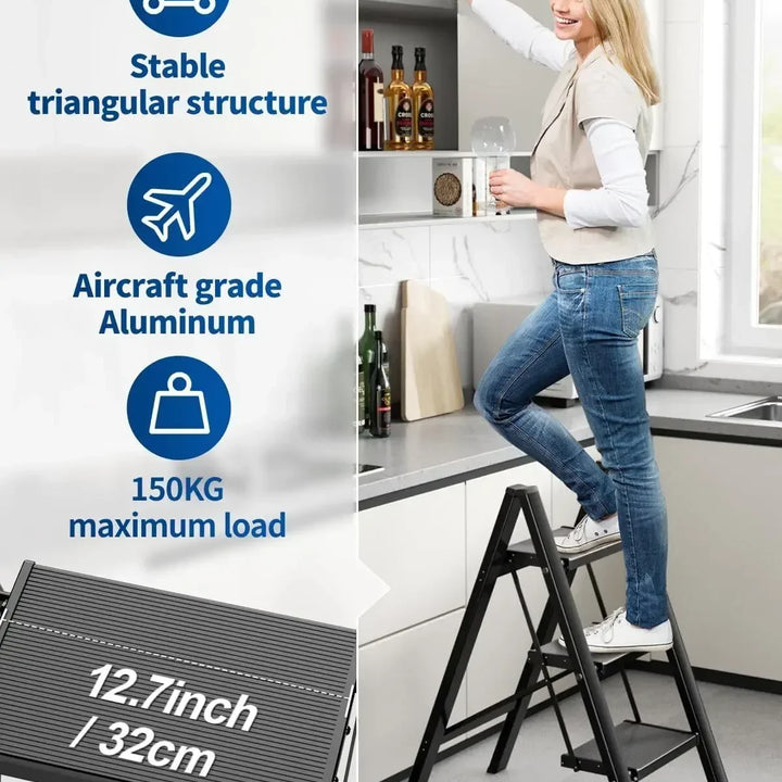 Aluminium 3-4 Step Ladder with Wide Steps Lightweight Folding Ladder Portable Slim Step Stool Safety Household Ladder Stepladder